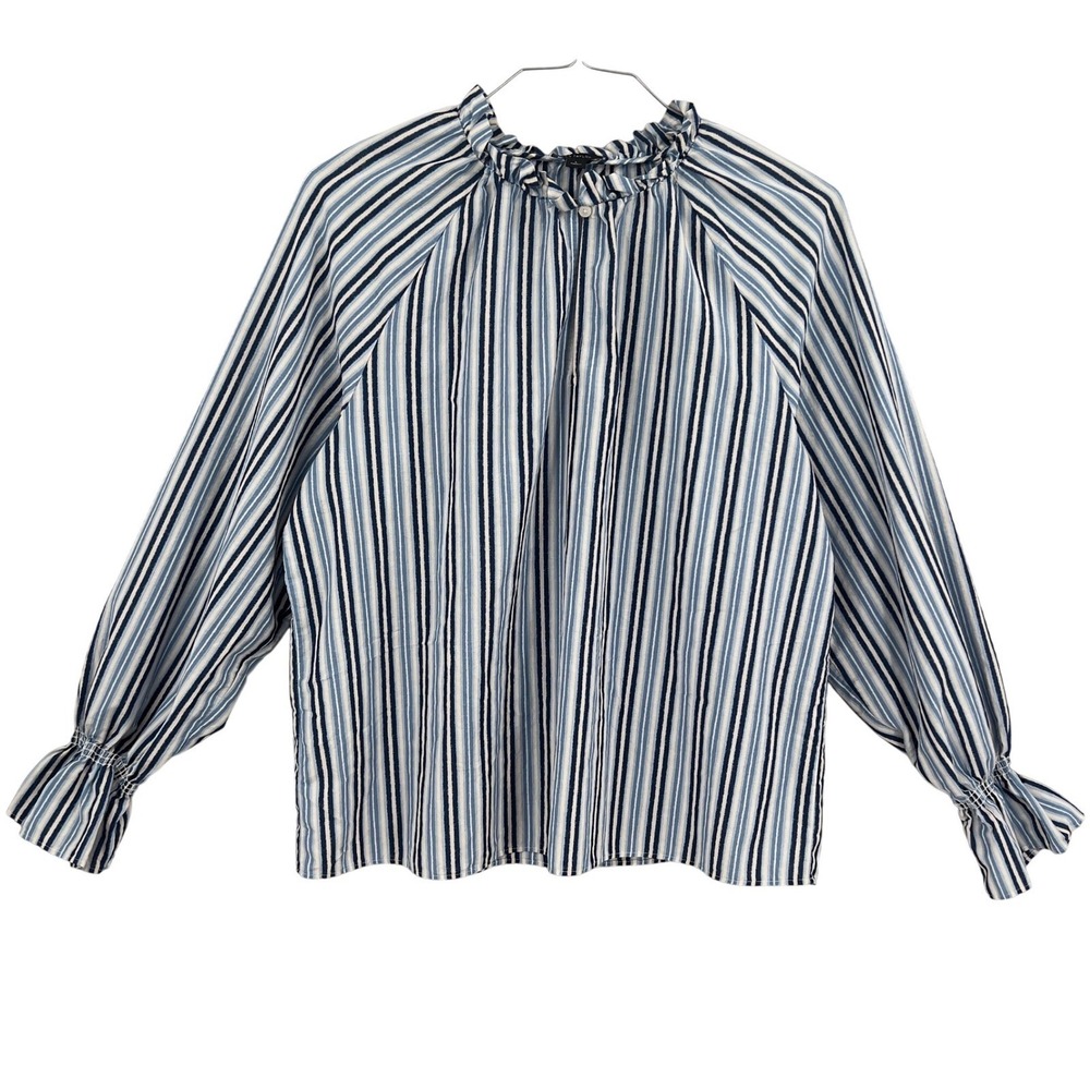 Ann Taylor‎ Womens Blue White Stripe Ruffle Neck Smocked Cuff Blouse L